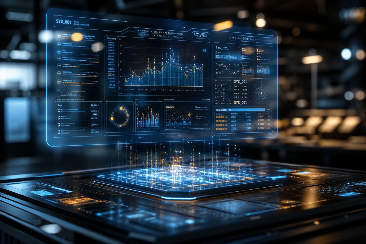 Holographic Data Interface Floating Over Dark Metallic Surface