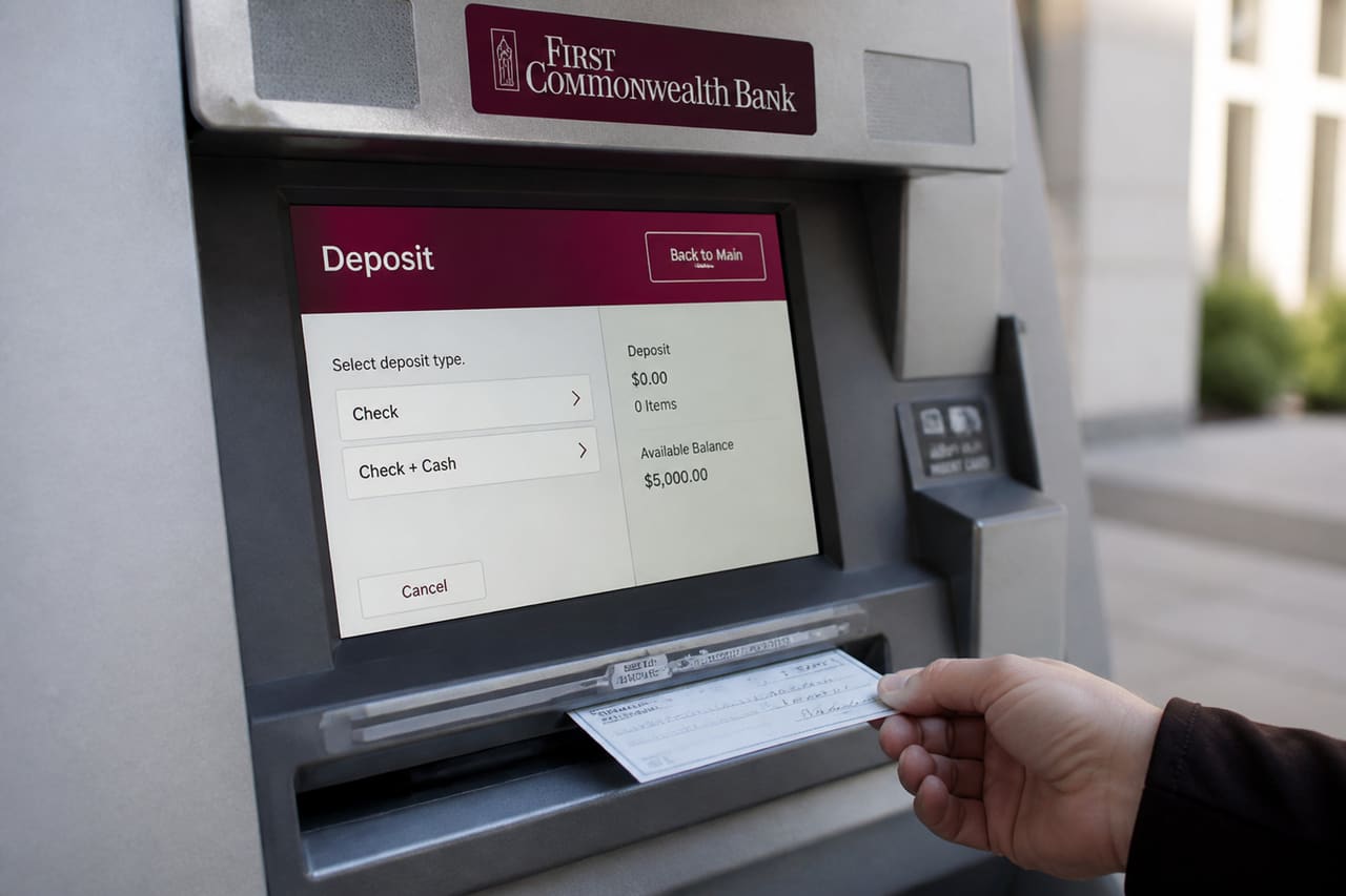 Hand Depositing a Check Into a First Commonwealth Bank Atm