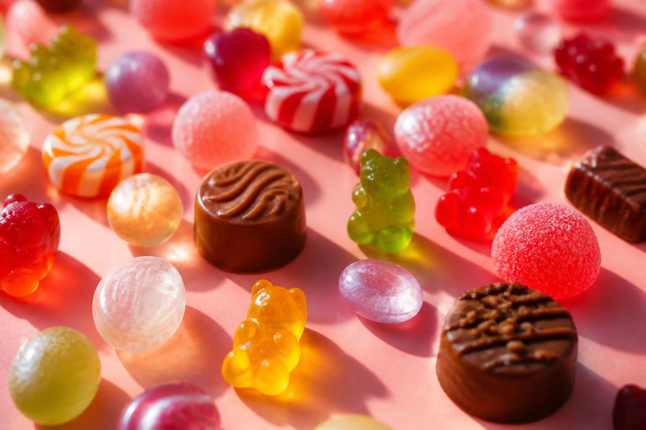 Assorted Colorful Gourmet Candies Scattered on Pastel Surface