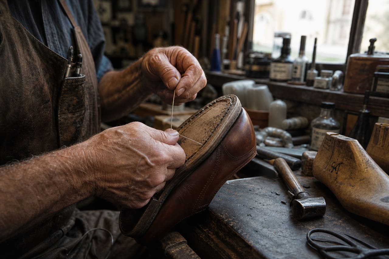 Professional Cobbler Repairing Leather Shoes in a Traditional Workshop
