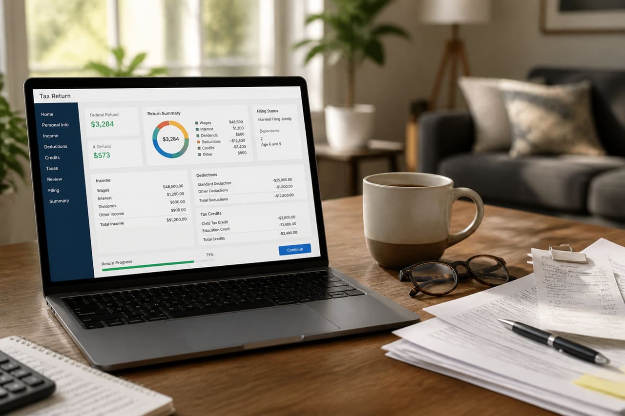 Person Using Tax Preparation Software on Laptop in Home Office