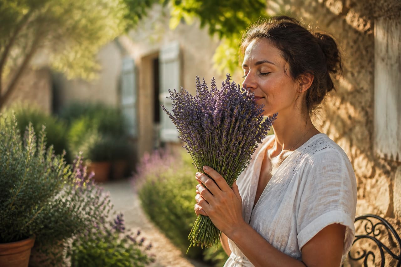 Woman Smelling a Fresh Bouquet of Lavender in a French Garden