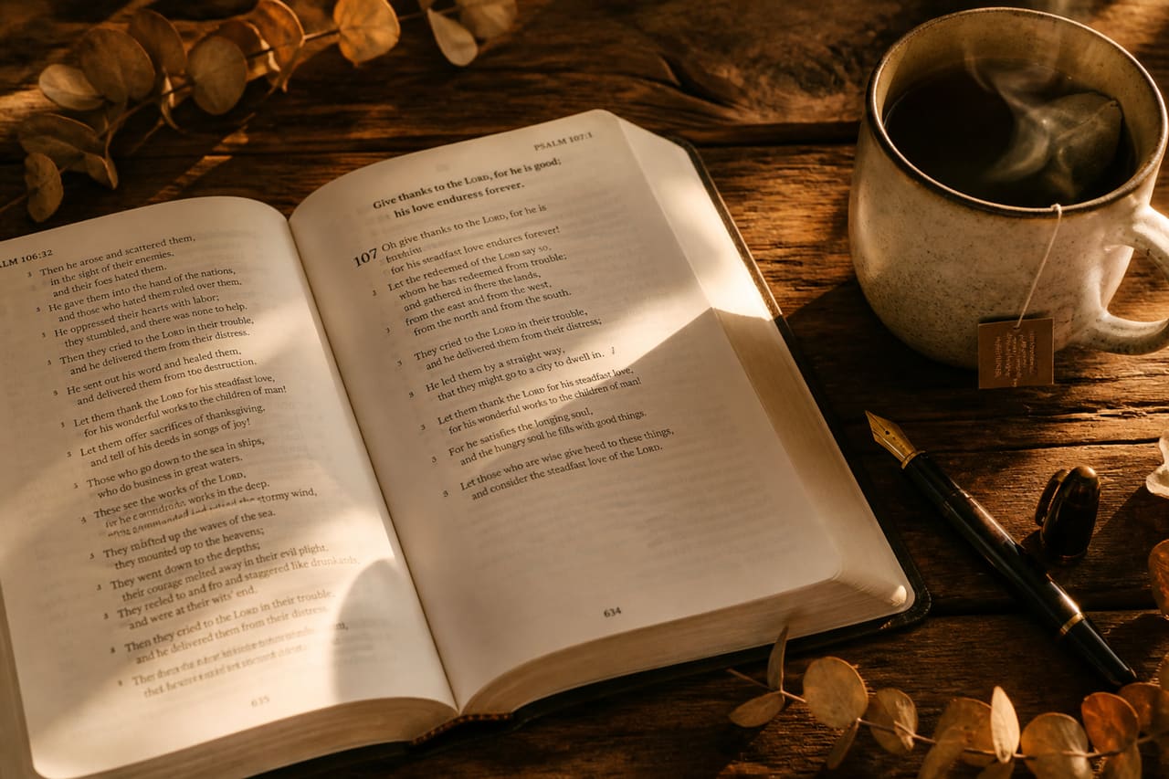 Open Bible with Bible Verses of Thanks and Gratitude on a Wooden Table