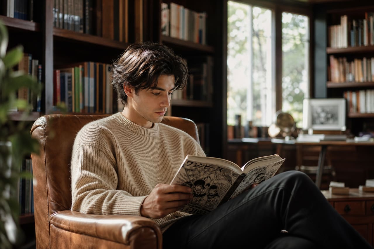 Young Man Reading Manga in a Cozy Modern Library