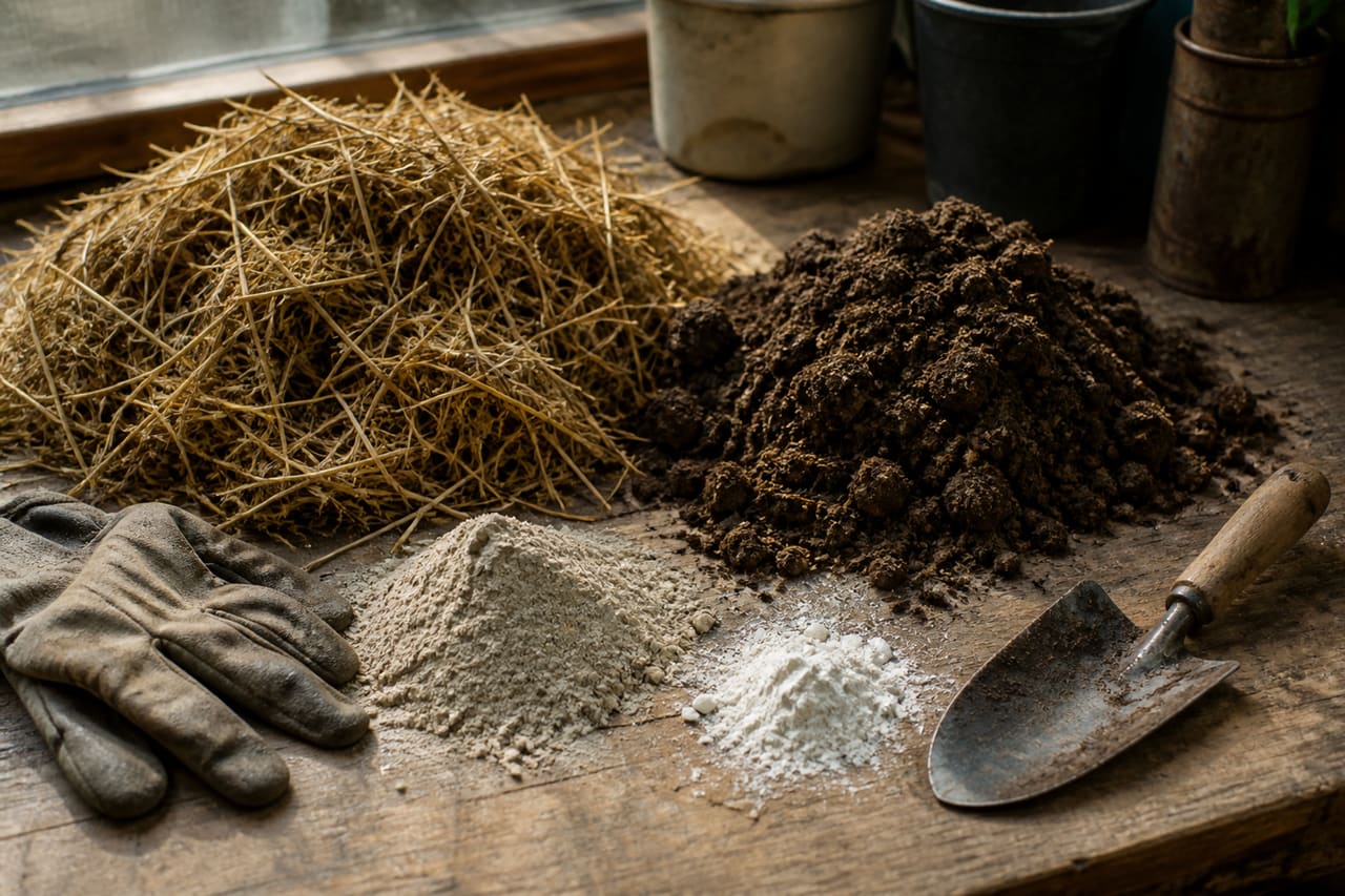 Ingredients for Mushroom Compost Recipe on Wooden Workbench