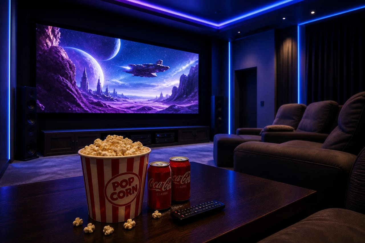 Cinematic Home Theater Setup with Large Screen and Popcorn