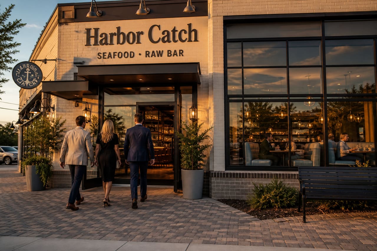 Exterior of a Modern Seafood Restaurant at Sunset