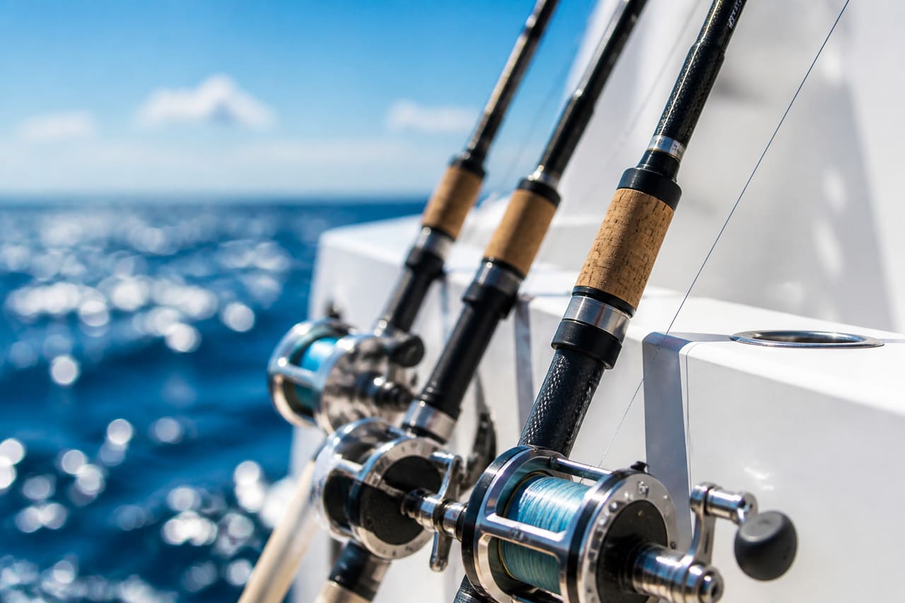 Professional Boat Fishing Rods Leaning Against a Gunwale