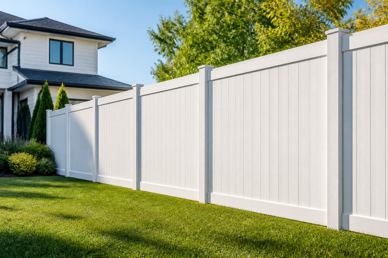 White 7 Foot Tall Vinyl Privacy Fence in Suburban Backyard
