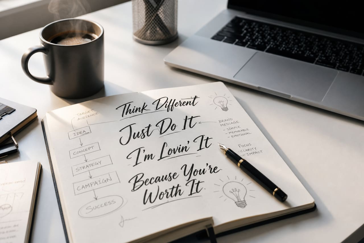 Copywriter Writing Famous Ad Lines in a Notebook