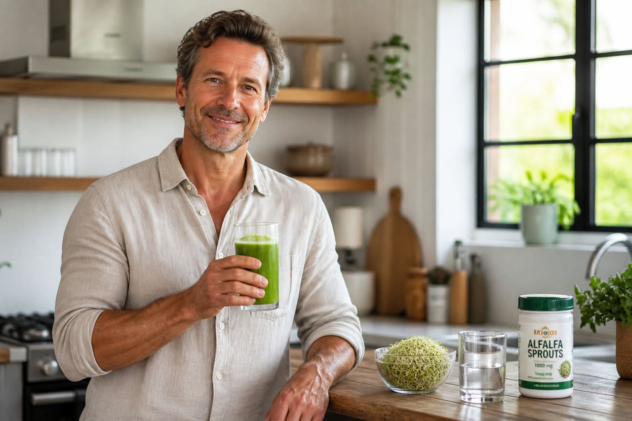 Healthy Man Holding Alfalfa Supplement in Modern Kitchen