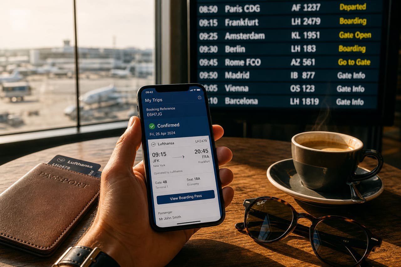 Traveler Holding Smartphone with Confirmed Flight to Europe
