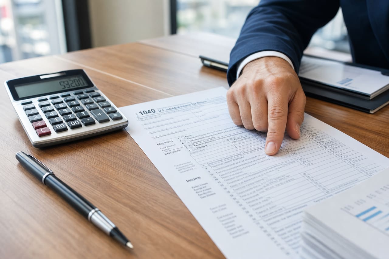 Accountant Reviewing Irs Tax Form with Tip Calculator