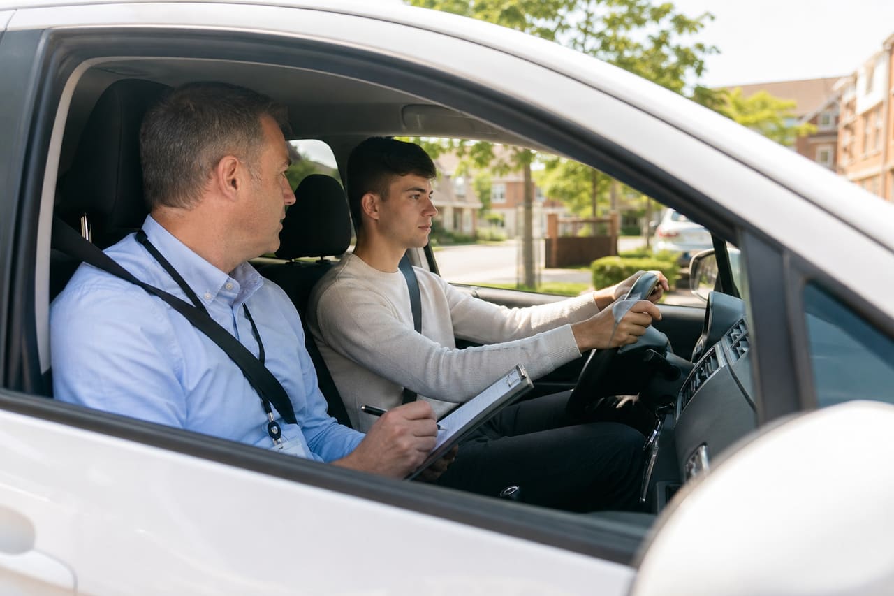 Student Driver Taking a National Driving Test with Instructor