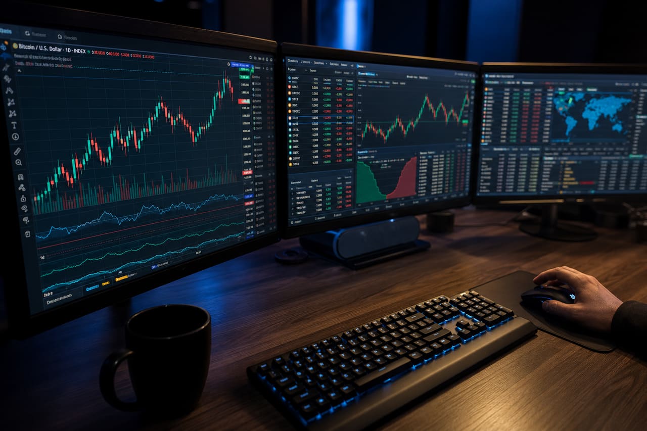 Professional Trader Analyzing Global Stock Market Data on Multiple Monitors