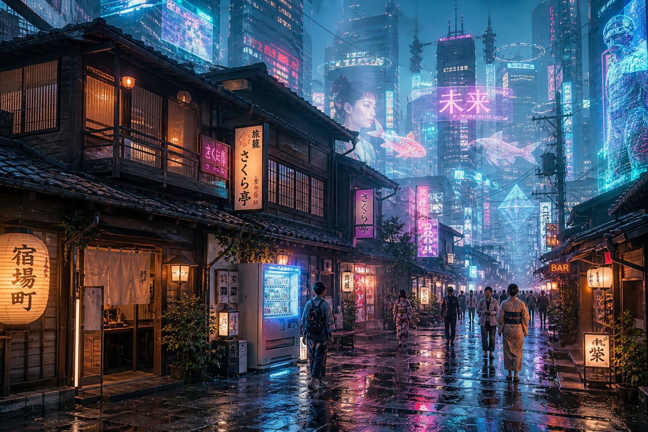 Futuristic Tokyo Street Blending Traditional and Modern Architecture