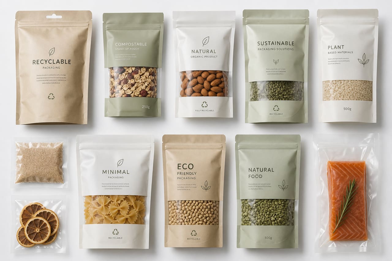 Sustainable Flexible Packaging Samples on a White Studio Background