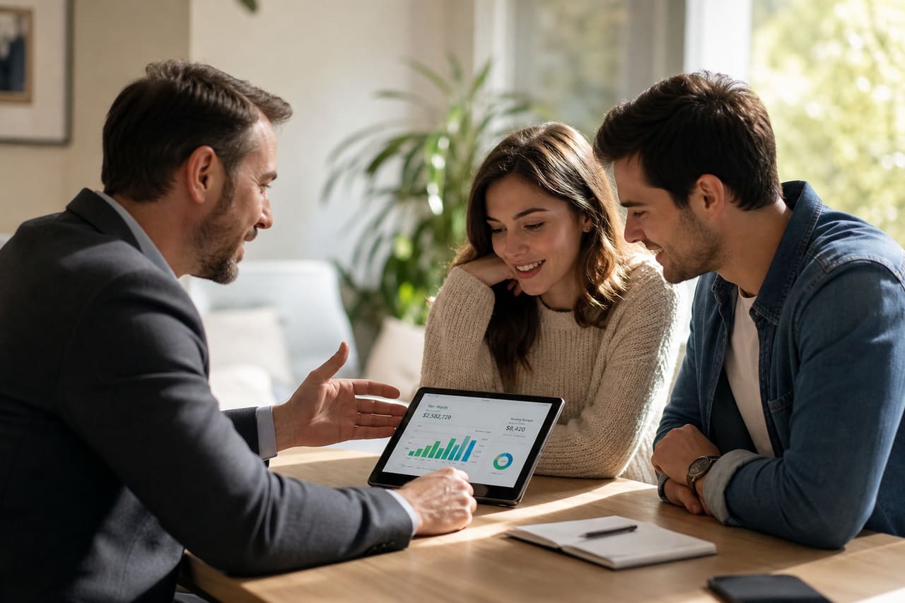 Financial Coach Discussing Budget Strategy with a Young Couple