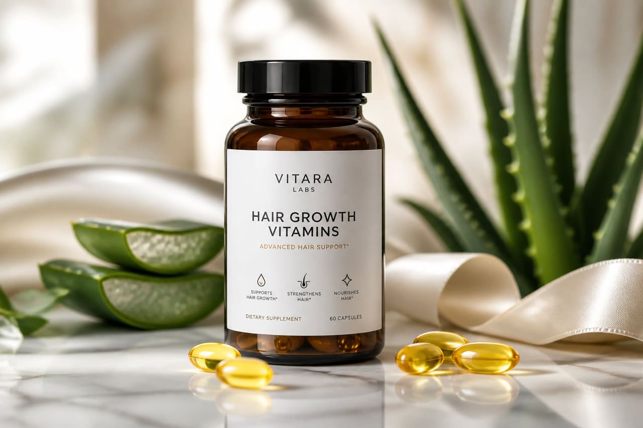 Vitamin Supplement Bottle and Capsules for Hair Growth
