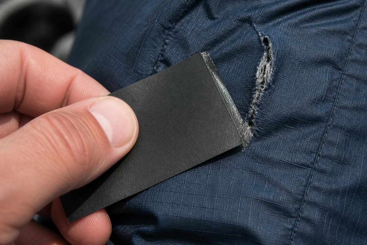 Heavy Duty Repair Tape Applied to a Torn Outdoor Gear Fabric