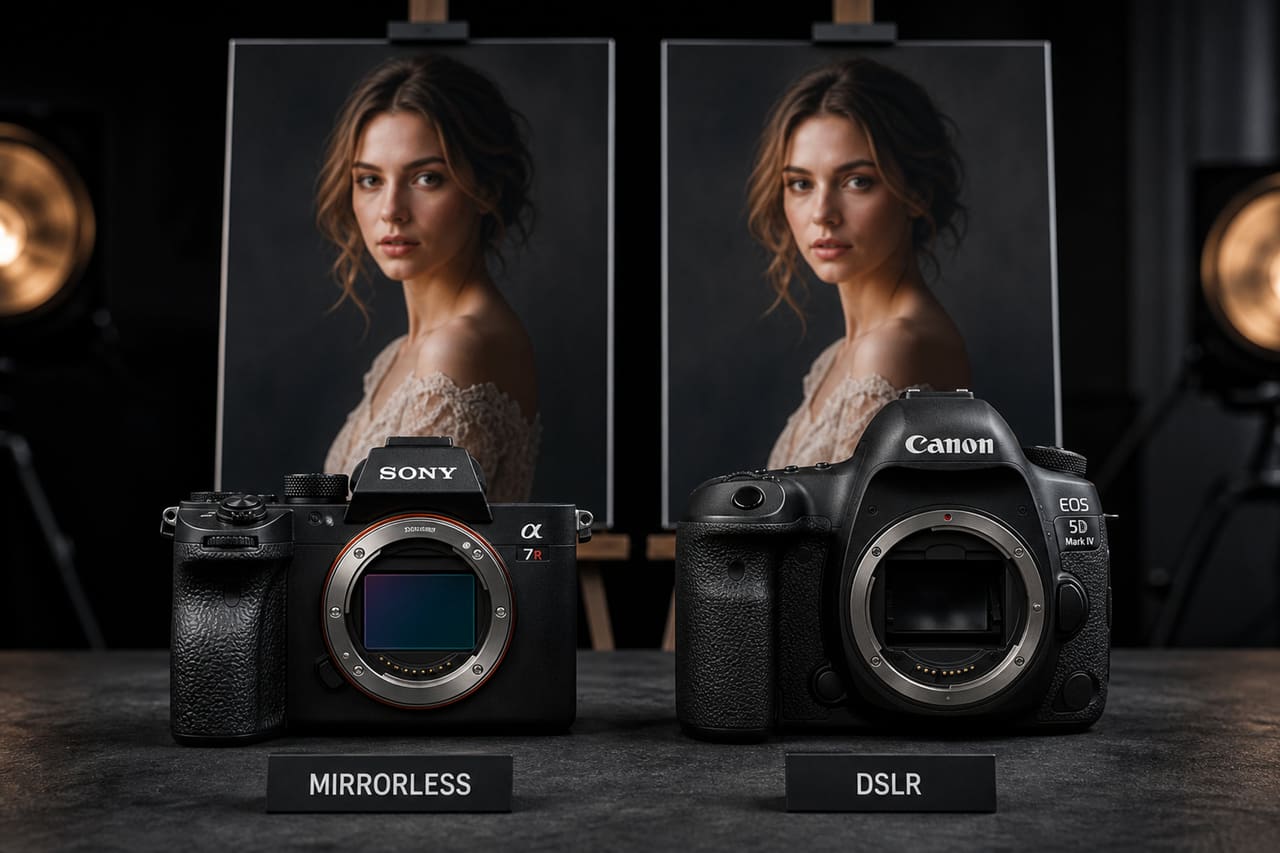 Mirrorless and Dslr Cameras Side by Side in Studio