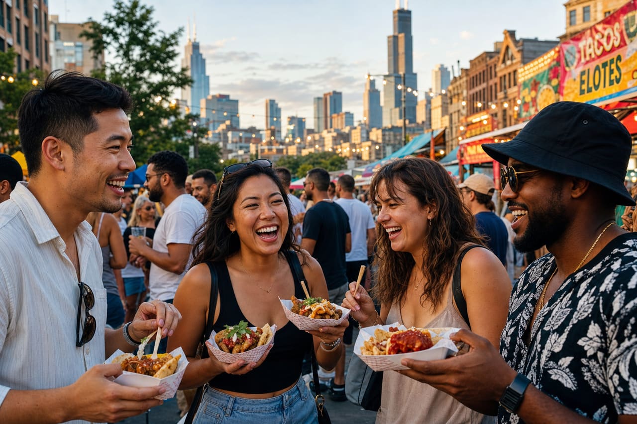 Diverse Group of Friends Enjoying an Outdoor Street Festival in Chicago