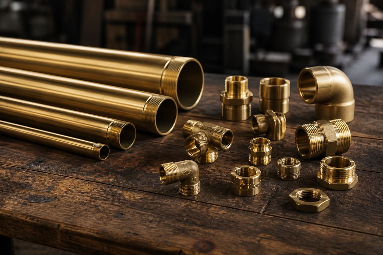 Brass Plumbing Pipes and Fittings on a Workbench