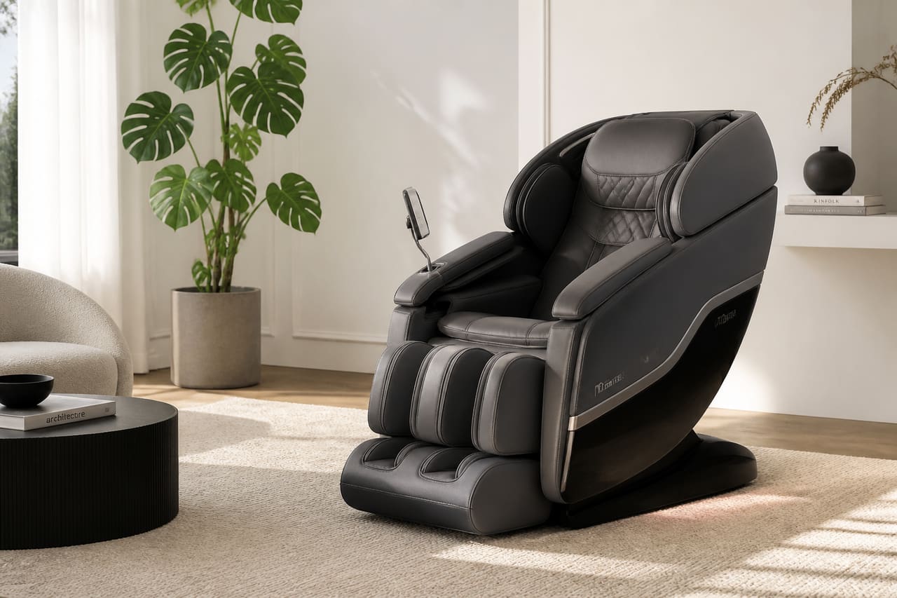 Modern Full Body Massage Machine on a Minimalist Living Room Floor