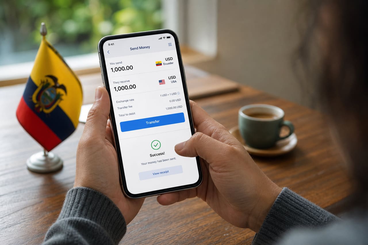 Person Using Smartphone to Send Money from Ecuador to USA