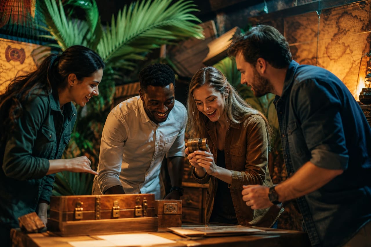 Friends Solving Puzzles in a Tropical Themed Escape Room