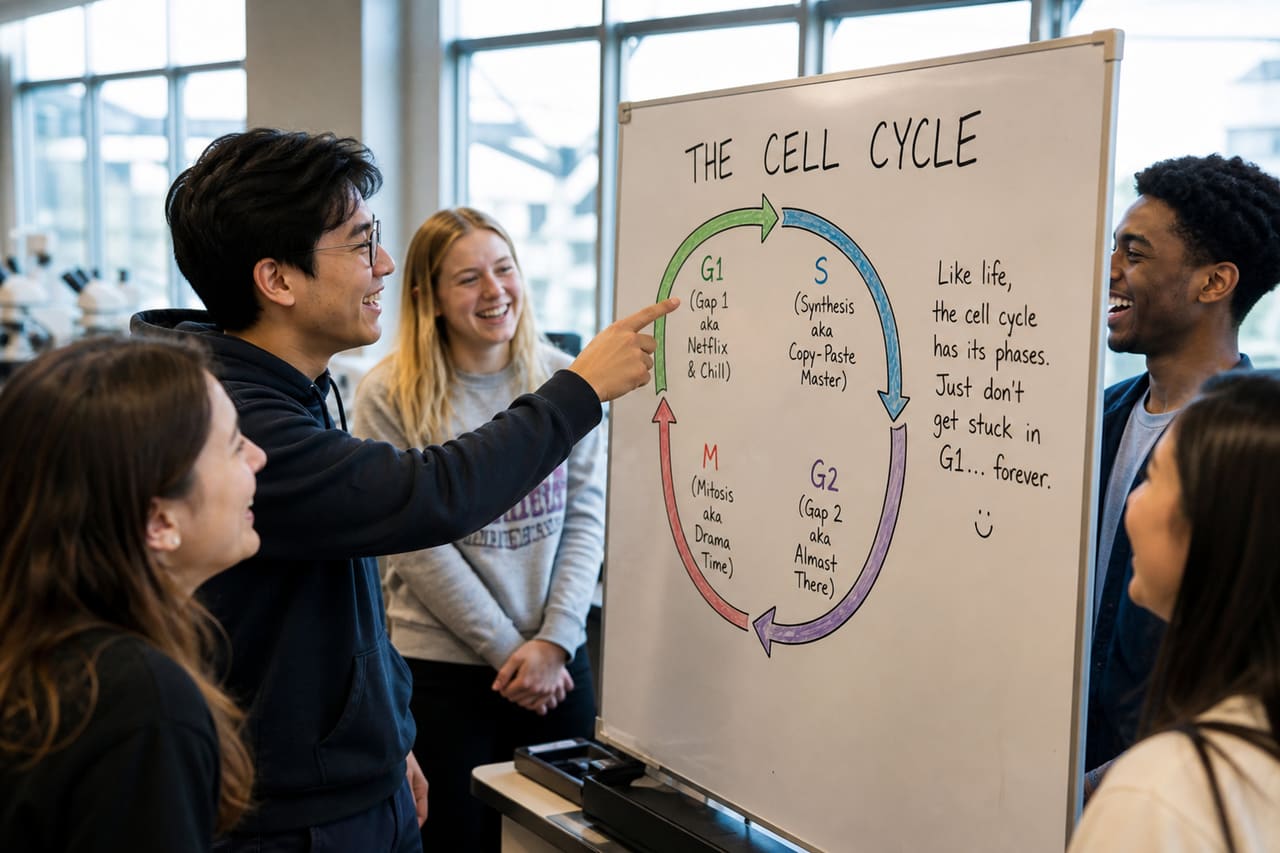 Biology Students Laughing at Cell Cycle Jokes in Laboratory