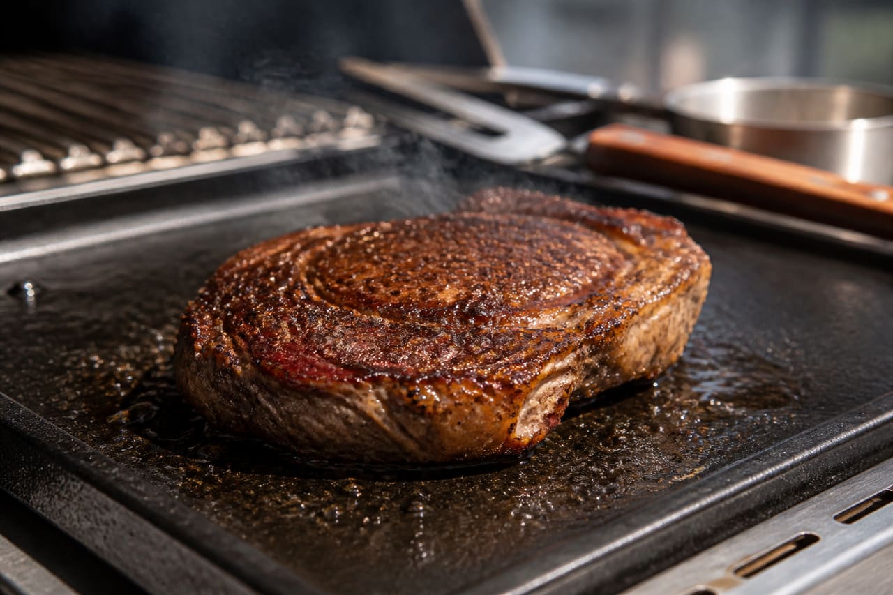 Professional Gourmet Grill Heat Plate Searing a Steak