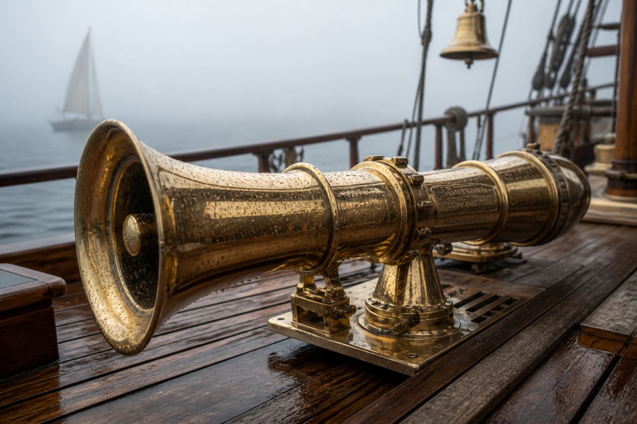 Vintage Brass Foghorn on a Wooden Ship Deck