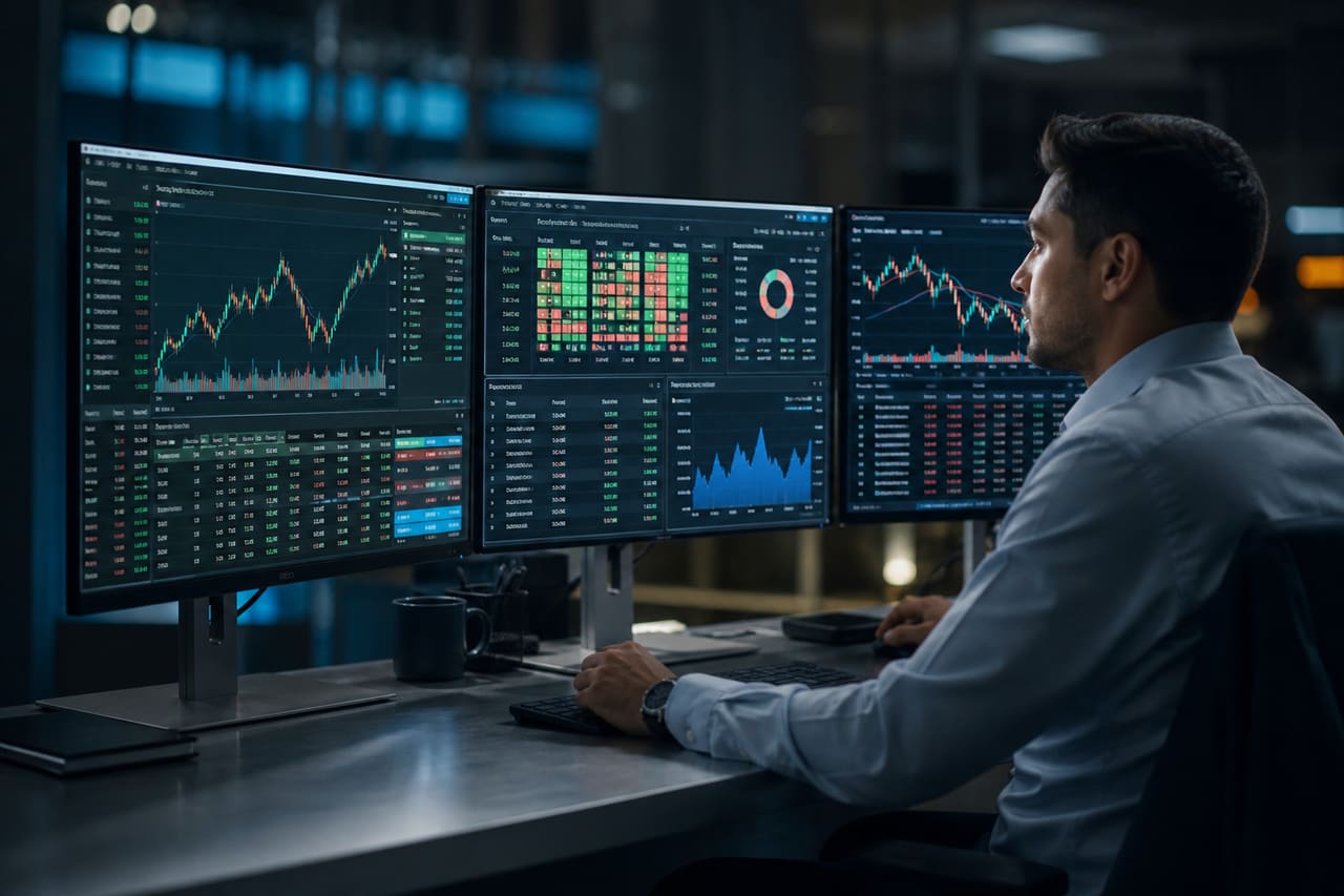 Financial Analyst Monitoring Asset Management Exchange Data on Multiple Screens