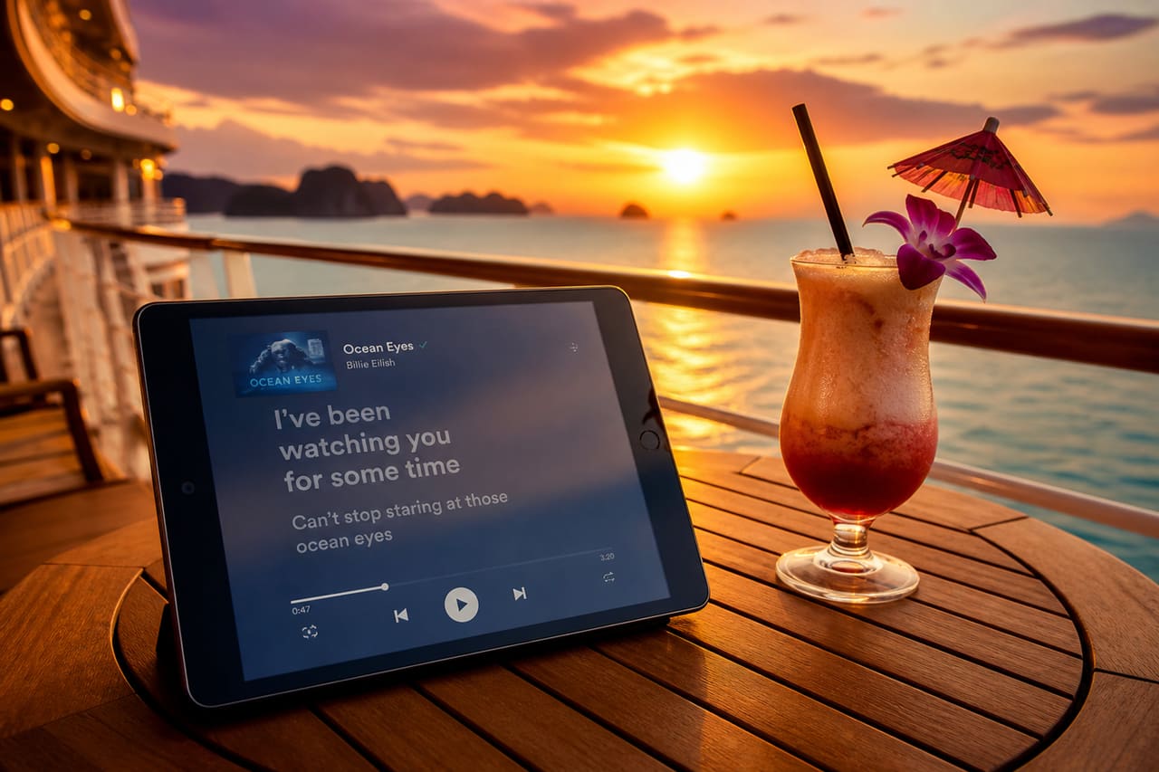 Tablet Displaying Song Lyrics on a Luxury Asia Cruise Deck
