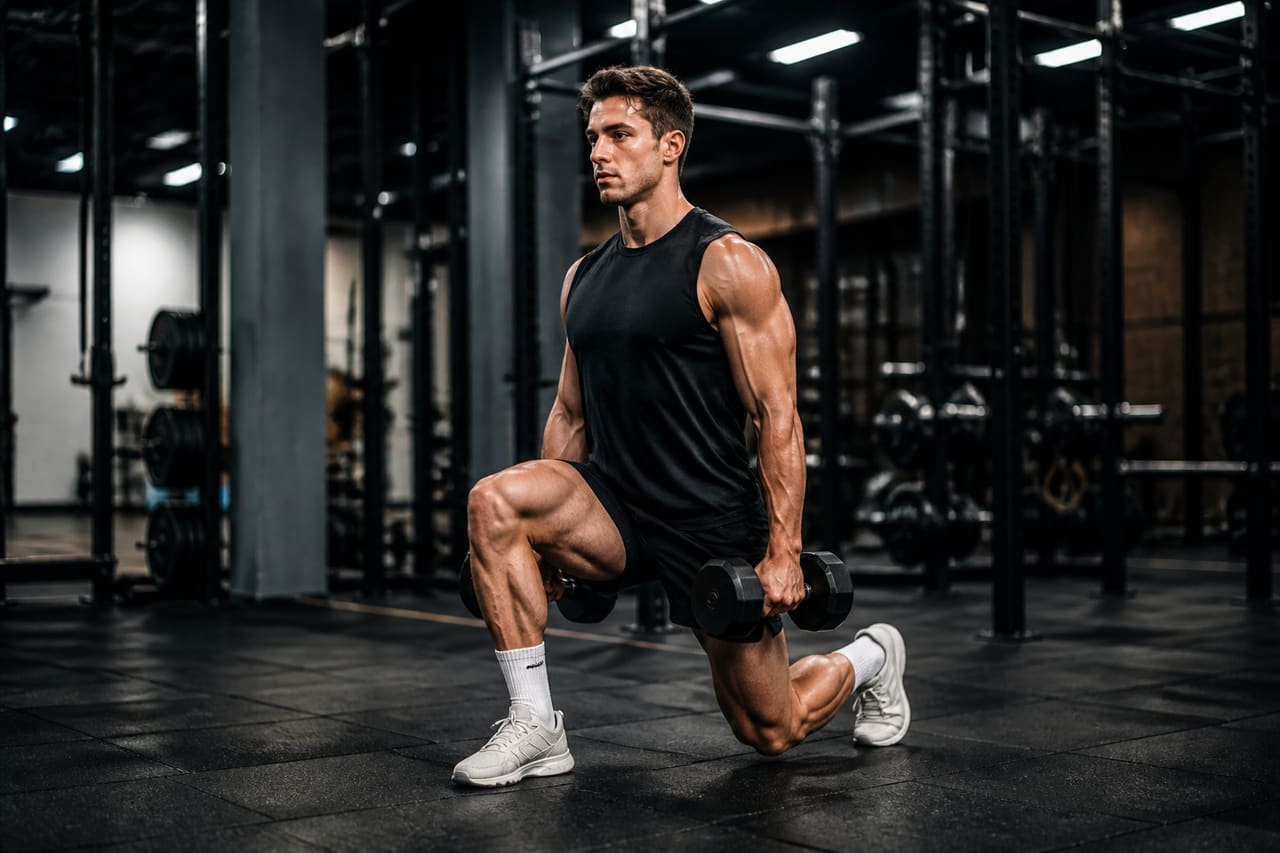 Athlete Performing Weighted Lunges in a High Performance Gym