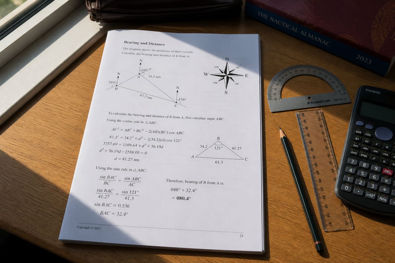 Mathematics Student Studying Bearing and Distance with Geometry Tools