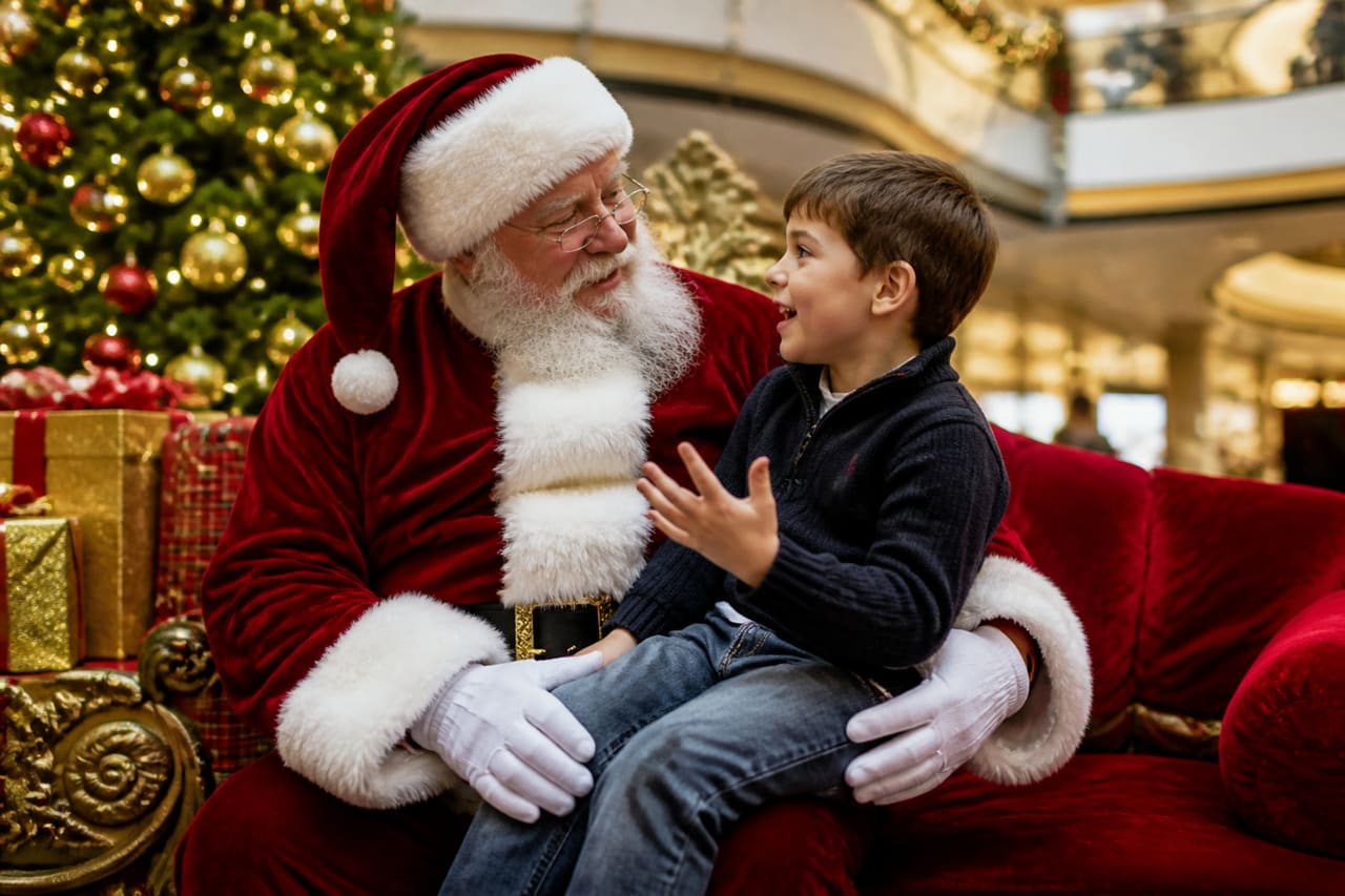 Child Visiting Santa Claus in a Decorated Mall Grotto
