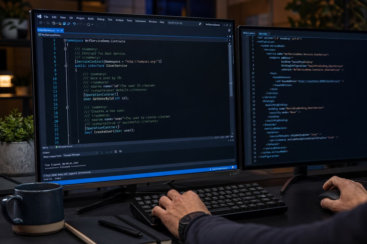 Software Developer Coding Wcf Service in C# on Dual Monitors