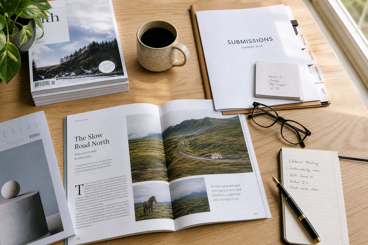 Editorial Magazine Submissions and Layout Proofs on an Editor Desk