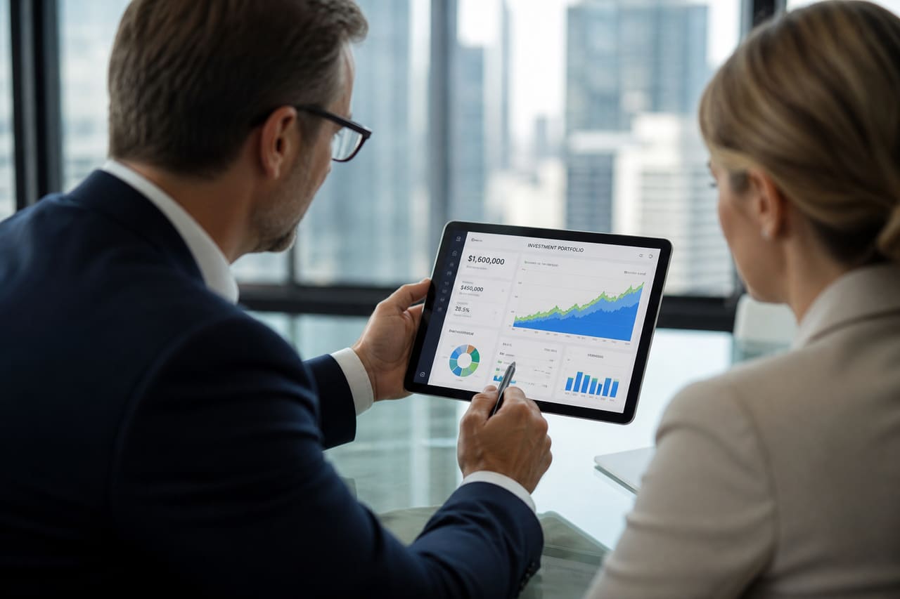 Financial Advisor Presenting Investment Portfolio on Tablet to Client