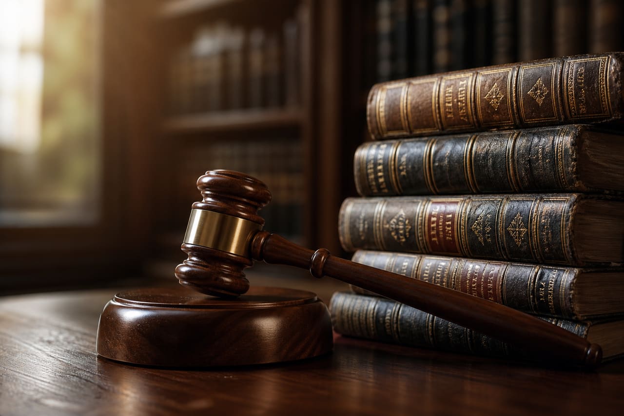 Legal Gavel and Law Books on a Wooden Desk