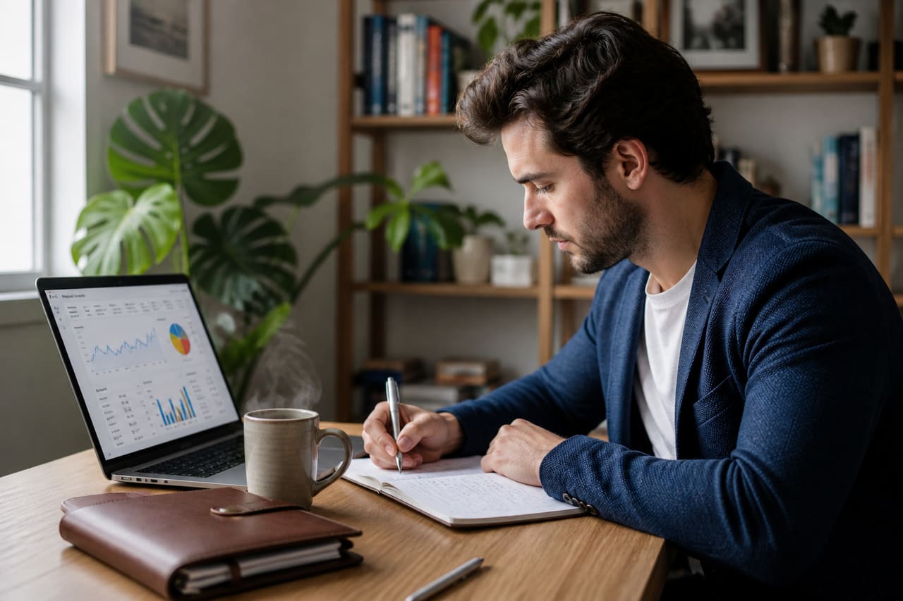 Adult Student Studying Business Administration on a Laptop at Home