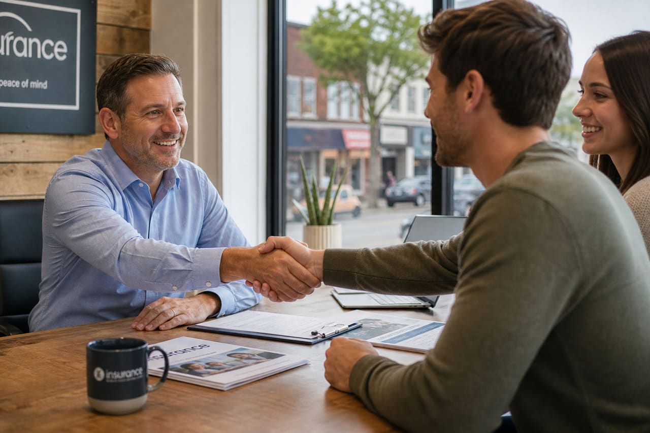 Insurance Agent Shaking Hands with Clients in Lewisburg Office
