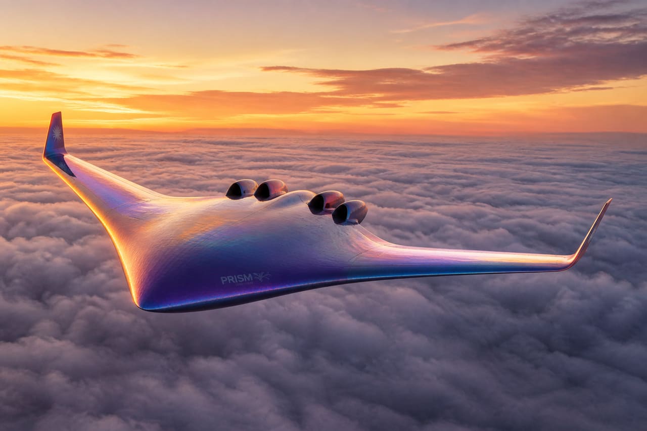 Conceptual Blended Wing Body Aircraft Flying Above Clouds at Sunset