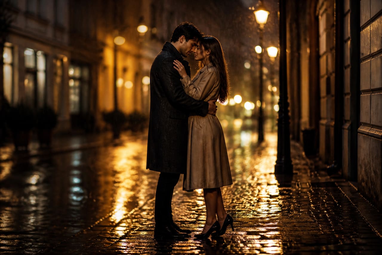 Couple Sharing an Emotional Embrace in a Rain-Slicked City Street
