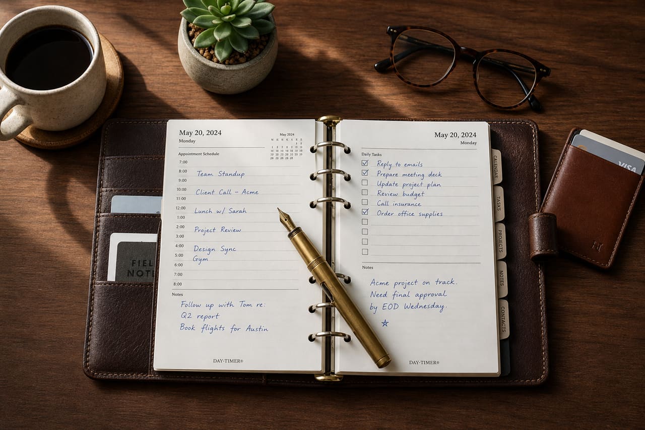 Daytimer Paper Organizer Refill with Pen on Desk