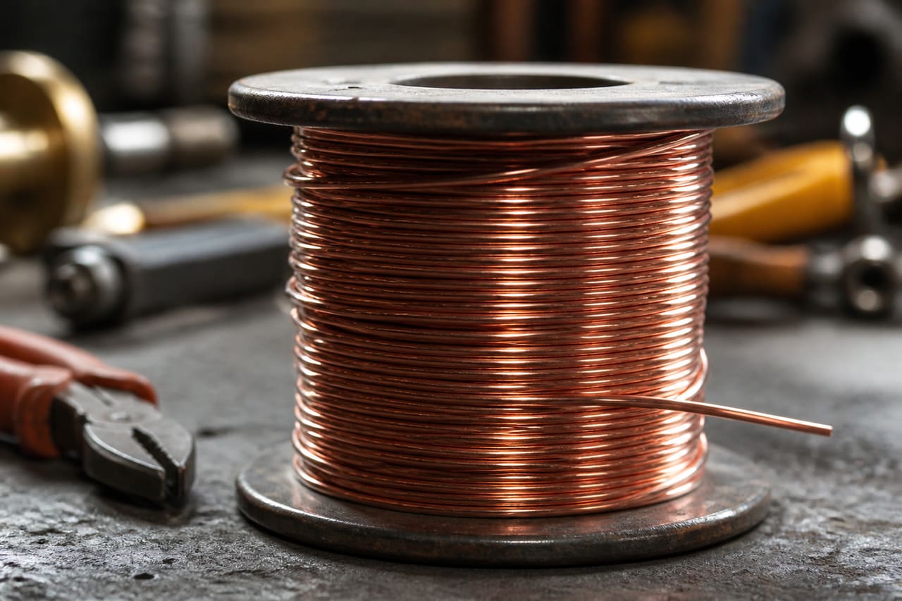 Close Up of Bare Copper Wire Spool on Industrial Workbench