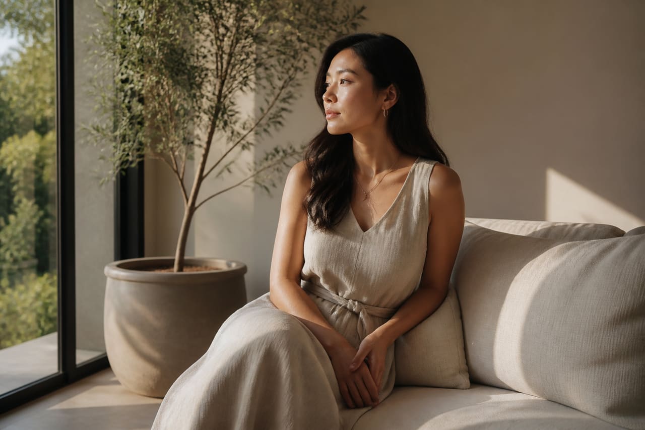 Woman Named Wai Lin Relaxing in a Sunlit Modern Living Room