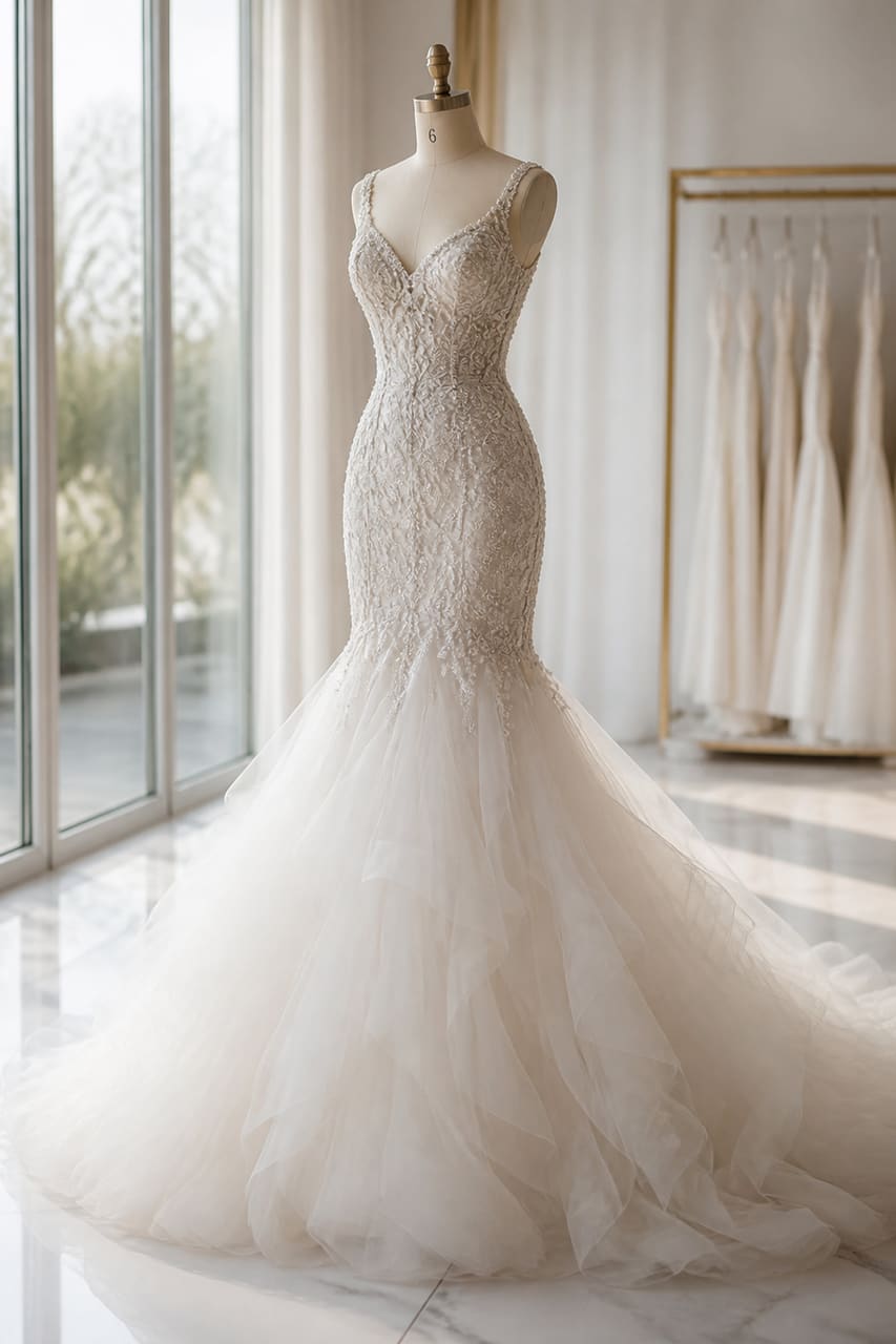 Beaded Mermaid Wedding Dress with Tulle Skirt on Mannequin